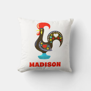 Custom Name Barcelos Portuguese Rooster Black Throw Pillow