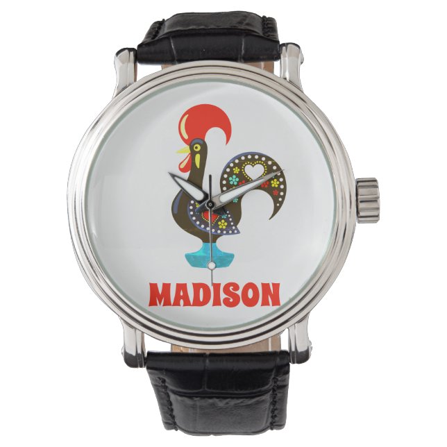 Custom Name Barcelos Portuguese Rooster Black Watch (Front)