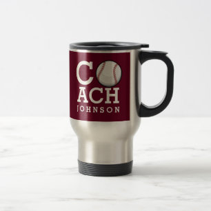 Custom Name Baseball Coach Burgundy Travel Mug
