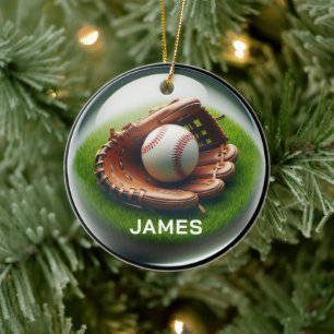 Custom Name Baseball Faux Glass‑Orb Look Ceramic Ornament