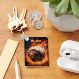 Custom Name Baseball on Fire Keychain