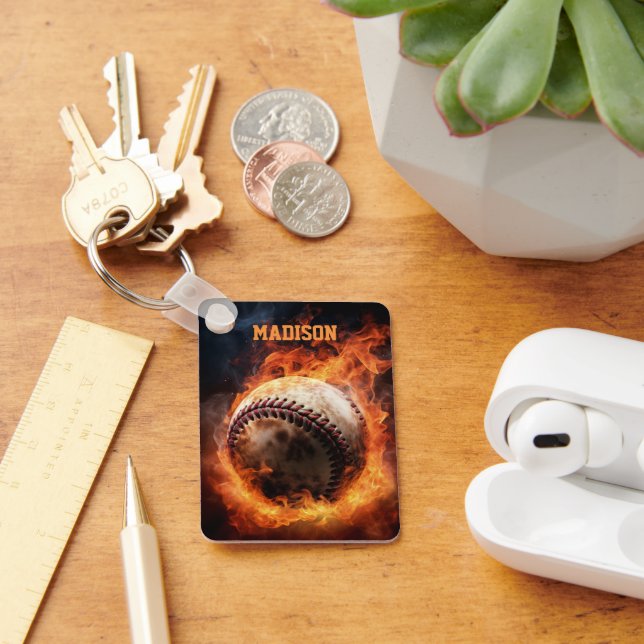 Custom Name Baseball on Fire Keychain (Desk)