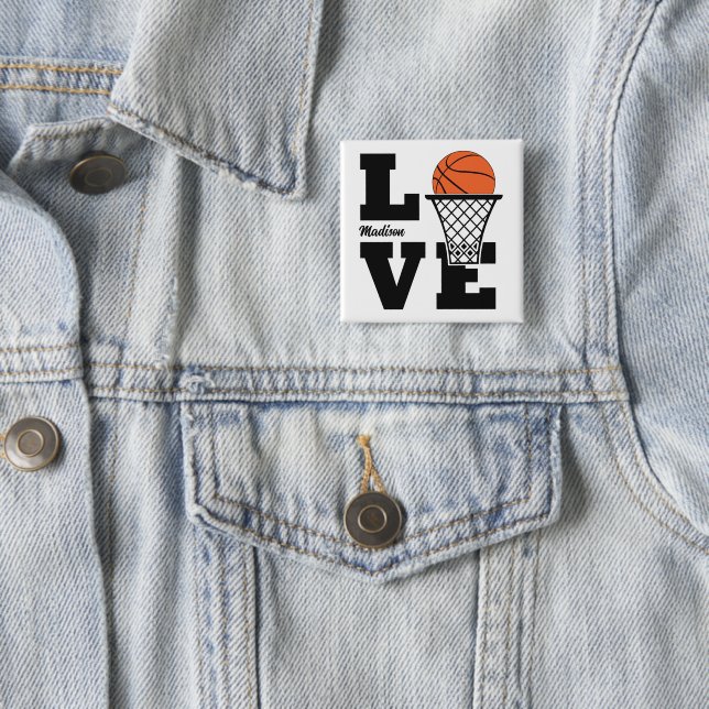 Custom Name Basketball Love 2 Inch Square Button (In Situ)
