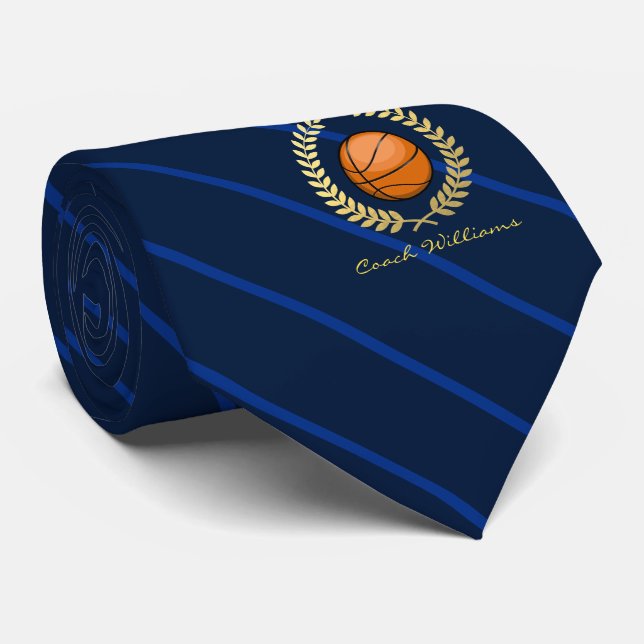 Custom Name Basketball Navy Striped Tie (Rolled)