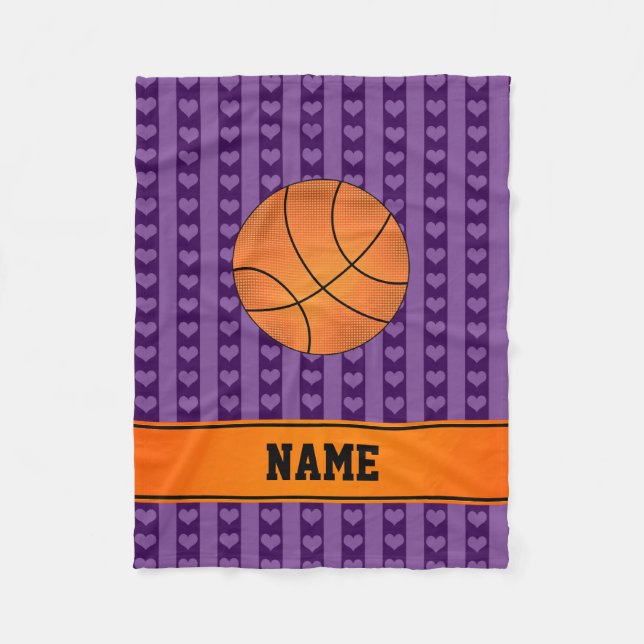 Custom name basketball purple hearts stripes fleece blanket (Front)