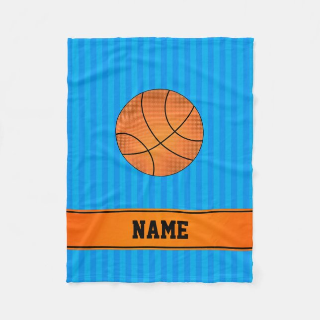 Custom name basketball sky blue stripes fleece blanket (Front)