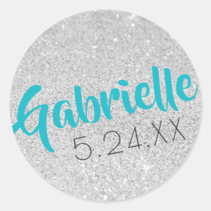 Custom Name Bat Mitzvah Silver Glitter U PICK FONT Classic Round Sticker