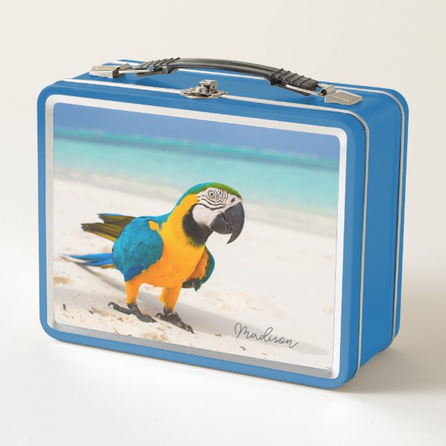 Custom Name Beach Parrot Metal Lunch Box (Front)