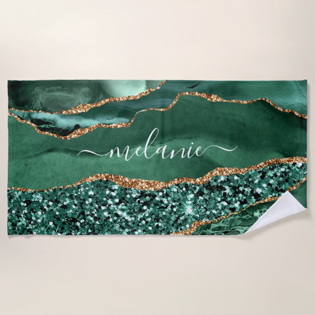 Custom Name Beach Towel Agate Green Glitter Marble (Front)
