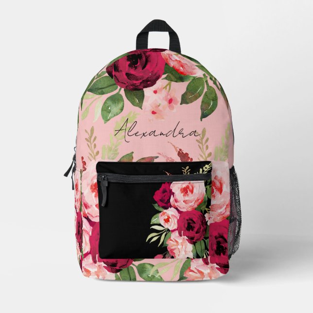 Custom name Beautiful botanical watercolor floral  Printed Backpack (Front)