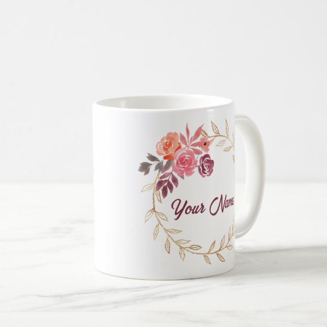Custom Name Beautiful Elegant Floral Motif Coffee Mug (Front Right)
