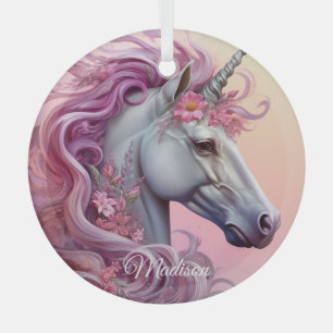 Custom Name Beautiful Unicorn Glass Ornament