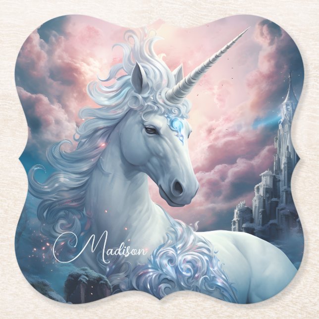 Custom Name Beautiful Unicorn Paper Coaster (Front)