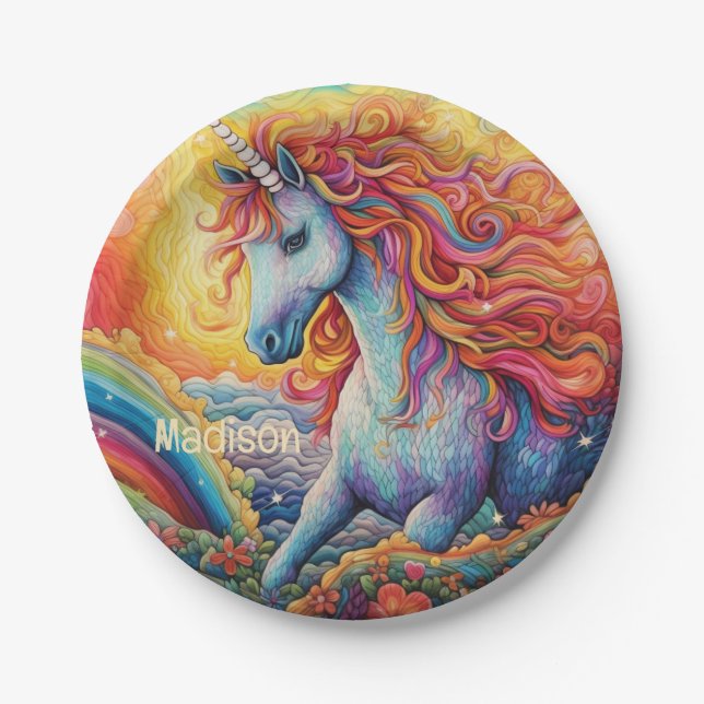 Custom Name Beautiful Unicorn Paper Plate (Front)