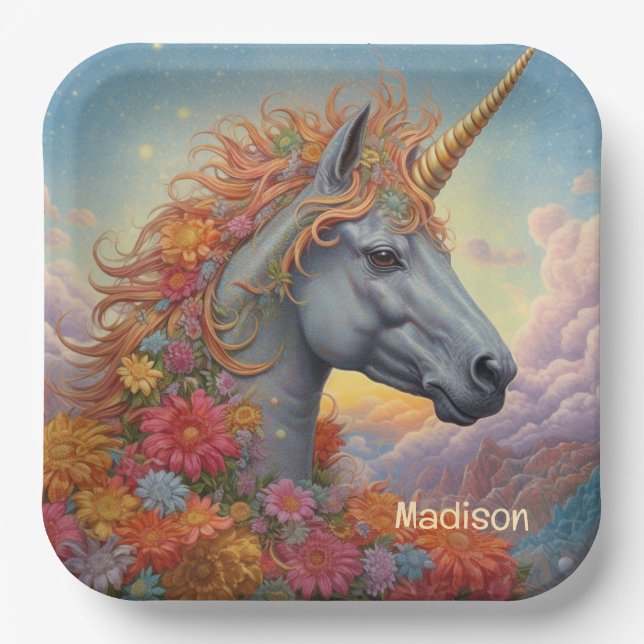 Custom Name Beautiful Unicorn Paper Plate (Front)