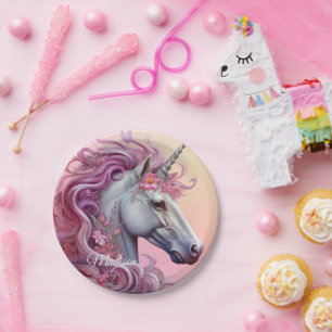 Custom Name Beautiful Unicorn Paper Plate