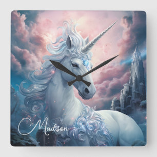 Custom Name Beautiful Unicorn Square Wall Clock