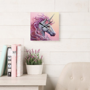 Custom Name Beautiful Unicorn Square Wall Clock