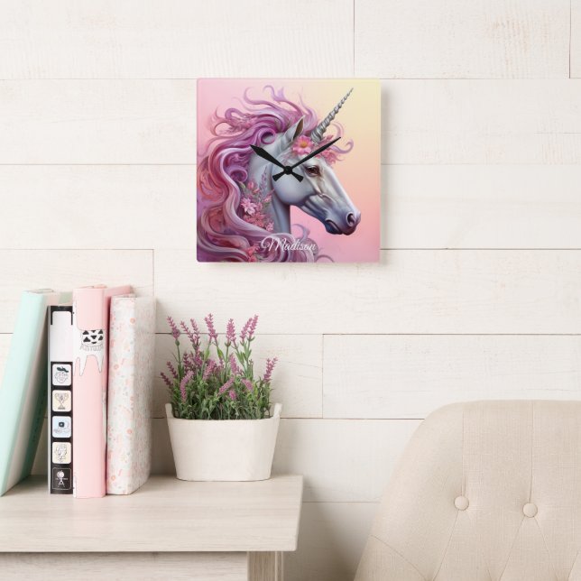 Custom Name Beautiful Unicorn Square Wall Clock (Reading Room)