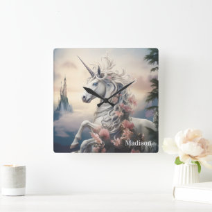 Custom Name Beautiful Unicorn Square Wall Clock
