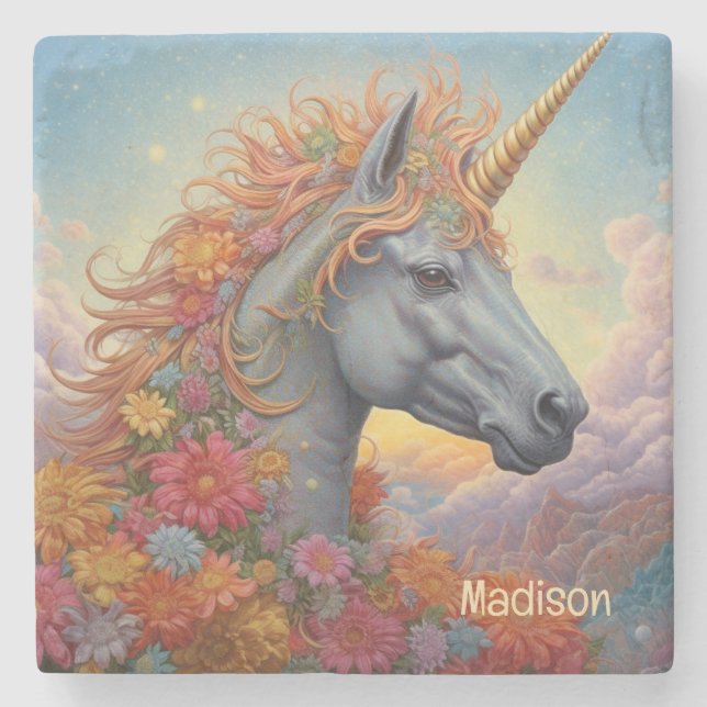 Custom Name Beautiful Unicorn Stone Coaster (Front)