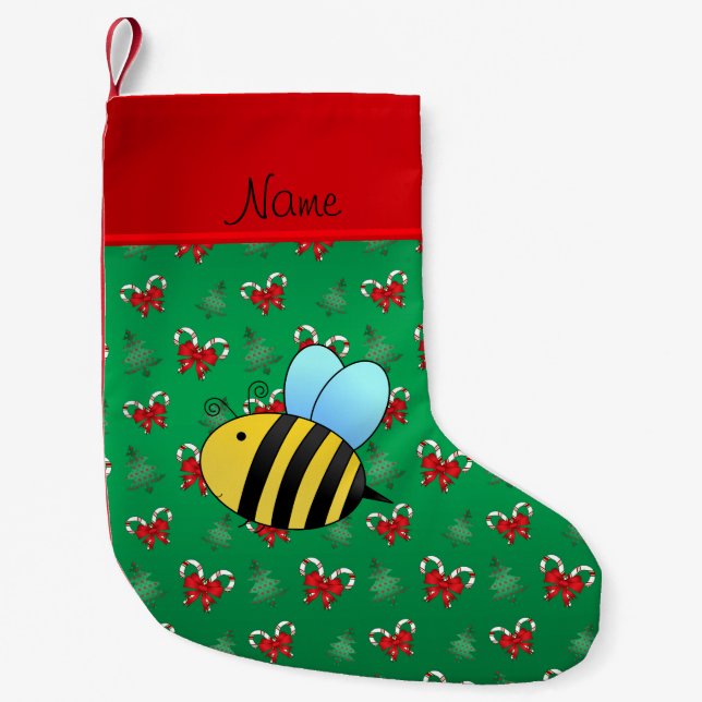 Custom name bee green candy canes christmas trees small christmas stocking (Front)