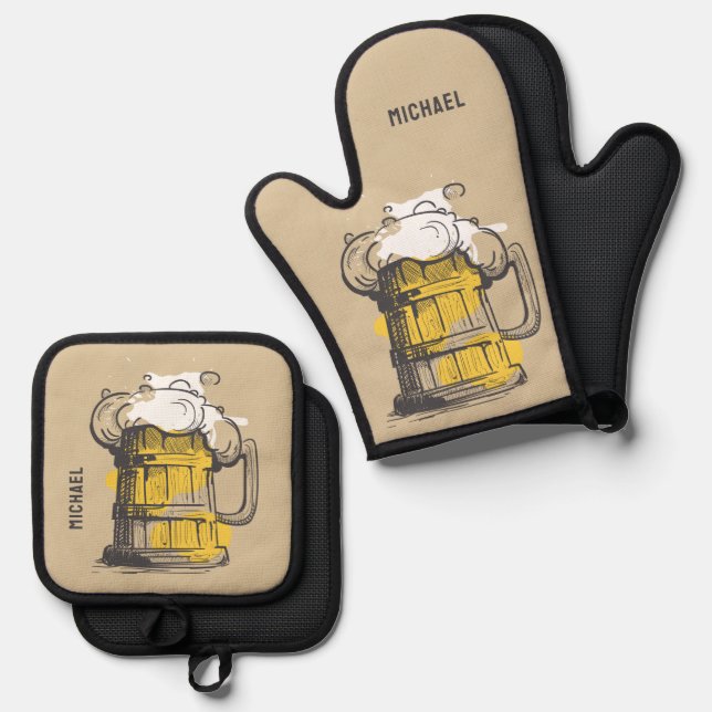 Custom Name Beer Ilustration Oven Mitt & Pot Holder Set (Front/Back)