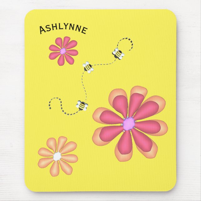 Custom Name Bees and Flowers on Yellow Mouse Pad (Front)