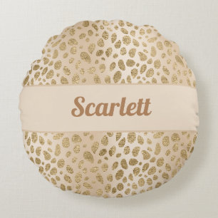 Custom Name Beige and Gold Glitter Leopard Print  Round Pillow