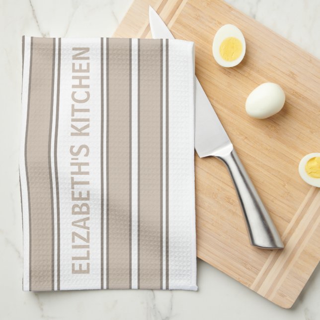 Custom Name Beige Striped Kitchen Towel (Quarter Fold)