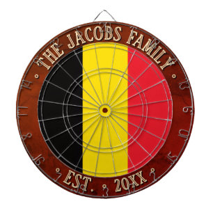 Custom Name BELGIUM FLAG & Rustic Brown Border Dartboard