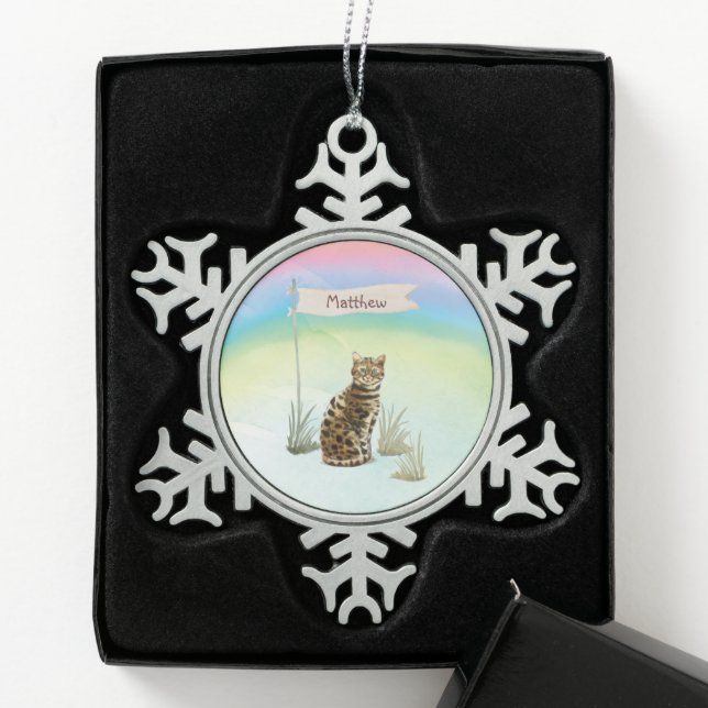 Custom Name Bengal Cat Pet Snowflake Pewter Christmas Ornament (Box)