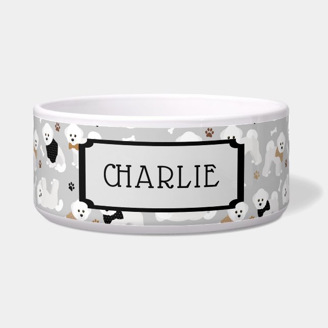Custom Name Bichon Frise Pattern Grey Dog Bowl (Front)