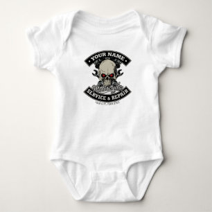 Custom NAME Biker Mechanic Skull Motorcycle Garage Baby Bodysuit
