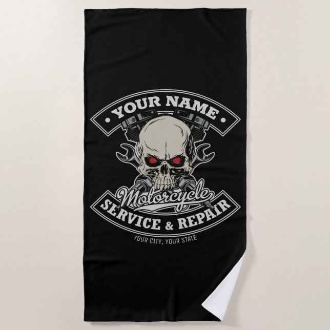 Custom NAME Biker Mechanic Skull Motorcycle Garage Beach Towel (Front)