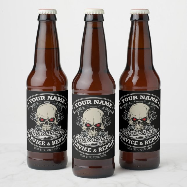 Custom NAME Biker Mechanic Skull Motorcycle Garage Beer Bottle Label (Bottles)