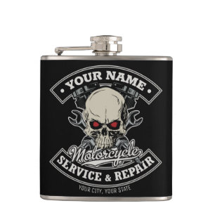 Custom NAME Biker Mechanic Skull Motorcycle Garage Hip Flask