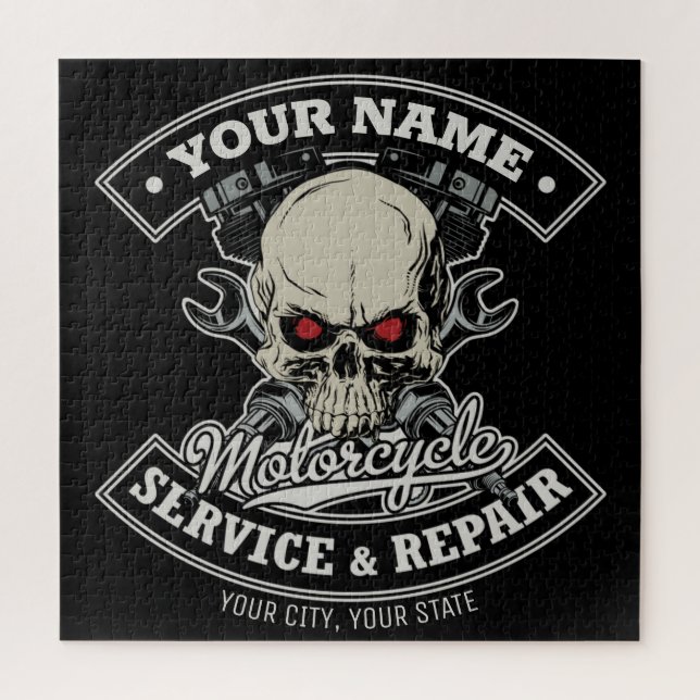 Custom NAME Biker Mechanic Skull Motorcycle Garage Jigsaw Puzzle (Vertical)