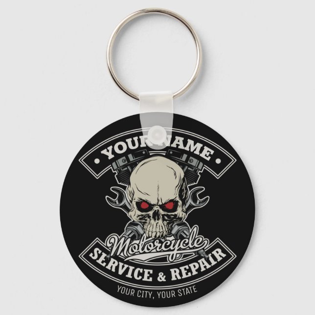 Custom NAME Biker Mechanic Skull Motorcycle Garage Keychain (Front)