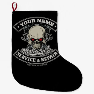 Custom NAME Biker Mechanic Skull Motorcycle Garage Large Christmas Stocking