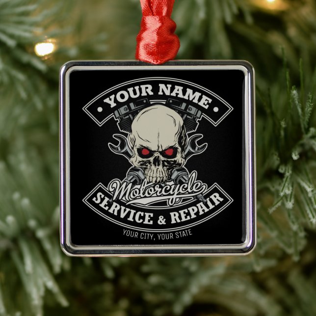 Custom NAME Biker Mechanic Skull Motorcycle Garage Metal Ornament (Tree)