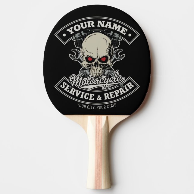 Custom NAME Biker Mechanic Skull Motorcycle Garage Ping Pong Paddle (Front)