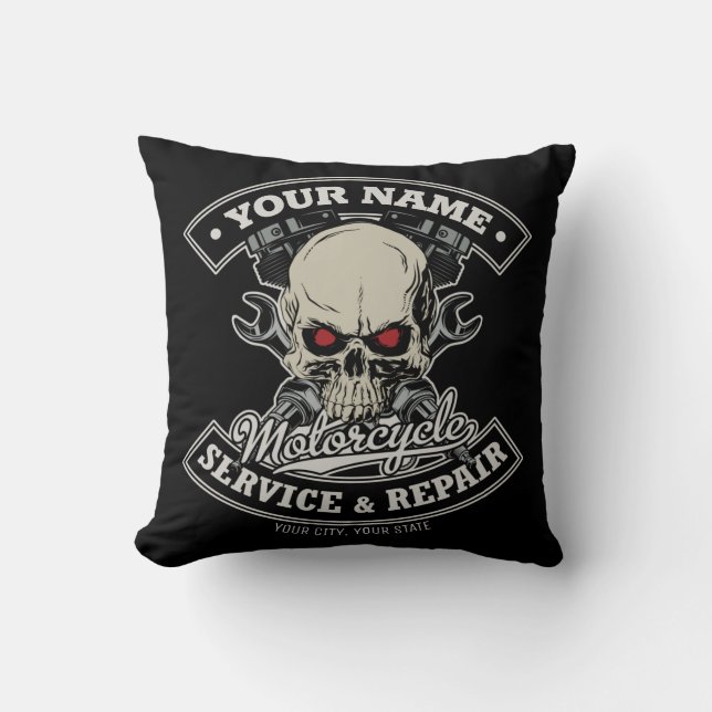 Custom NAME Biker Mechanic Skull Motorcycle Garage Throw Pillow (Front)