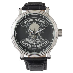 Custom NAME Biker Mechanic Skull Motorcycle Garage Watch