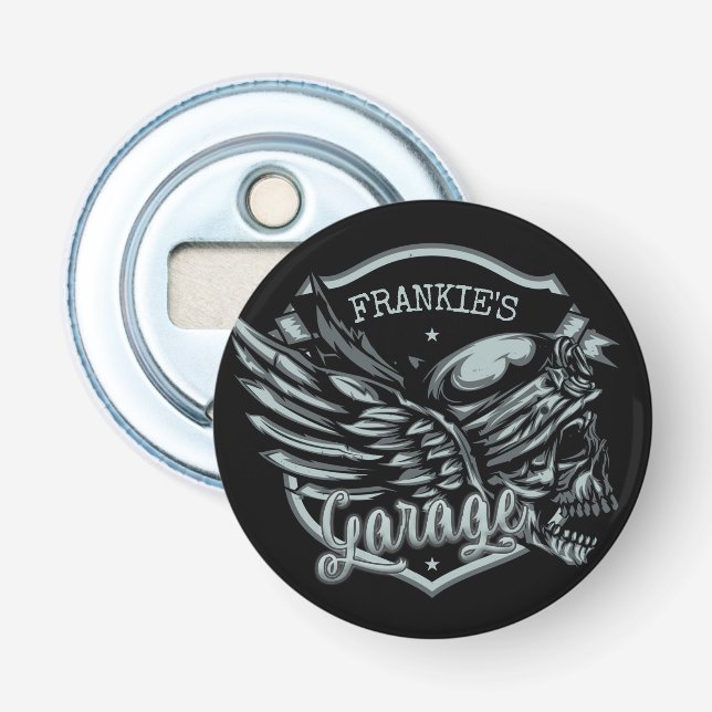 Custom NAME Biker Skull Wings Motorcycle Garage Bottle Opener (Front)