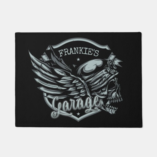 Custom NAME Biker Skull Wings Motorcycle Garage Doormat (Front)