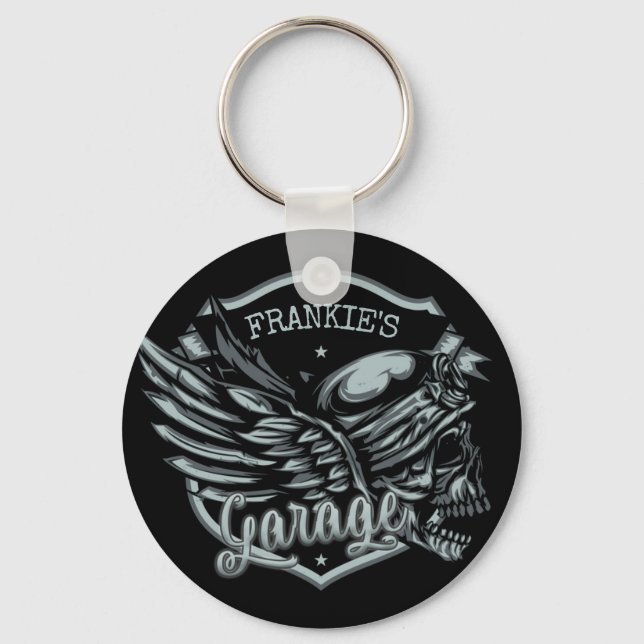Custom NAME Biker Skull Wings Motorcycle Garage Keychain (Front)
