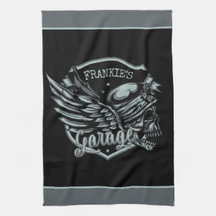 Custom NAME Biker Skull Wings Motorcycle Garage Kitchen Towel