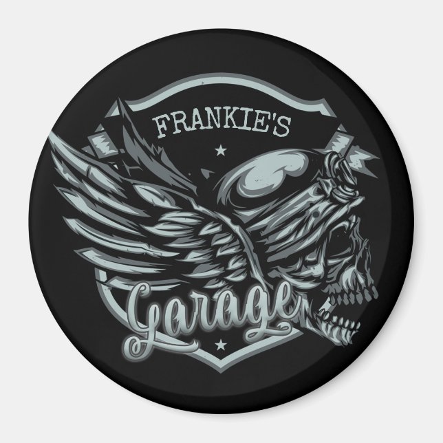 Custom NAME Biker Skull Wings Motorcycle Garage Magnet (Front)