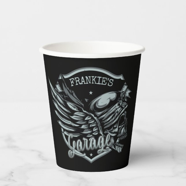 Custom NAME Biker Skull Wings Motorcycle Garage Paper Cups (Front)